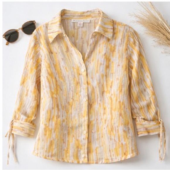 JM Collection Tops - Linen Button Shirt J M Collection Petite 4 Yellow Abstract Top 3/4 Sleeves